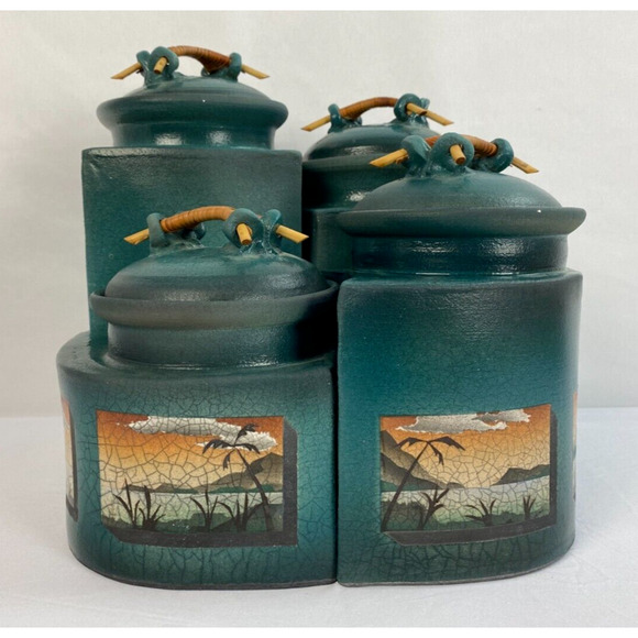 KEN JENSEN Full Set 4 Painted Covered Raku Jars, Beach Scenes, Signed - Picture 1 of 16